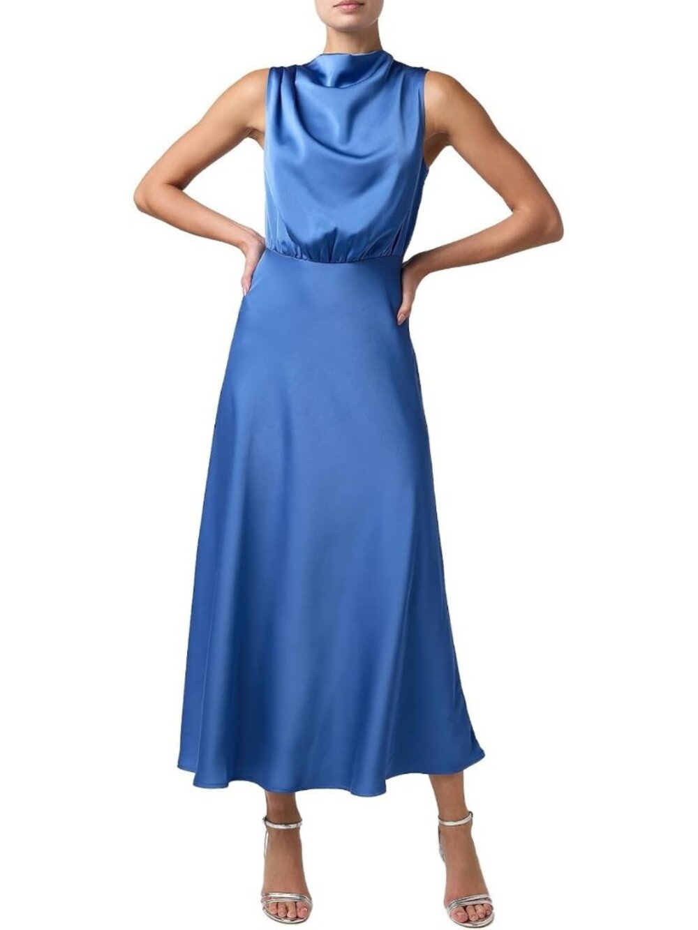Elegant Satin Mock Neck Midi Dress - Sleeveless, Back Cutout, Perfect for